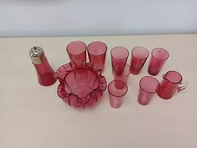 Buy Cranberry Glass Vintage Fluted Vase + Sugar Shaker + Jug + 8 Tumblers Beakers  • 34£