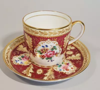Buy Antique English Cauldon Demitasse Cup Saucer Red Gilt Hand Enameled Florals • 263.74£