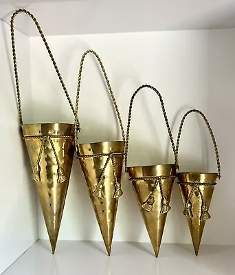 Buy 4 Piece Vintage MCM Ornate Hammered Solid Brass Wall Pocket Vase Christmas Decor • 71.01£
