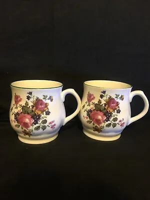 Buy Pair Of Fine English Bone China Floral Mugs Cups Pink Roses On White • 15£