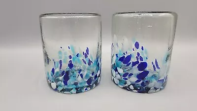Buy Pair Of Hand Blown Blue White Confetti Dot Heavy Art Glass Tumblers - Mexico • 18.92£