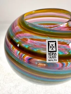 Buy Mdina Glass Malta Swirl Globe Vase Signed With Original Label Pink Yellow Blue • 36.50£