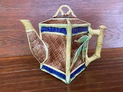 Buy Majolica Square Base Teapot With Bamboo & Leaf Design. Very Unusual.  • 260.49£