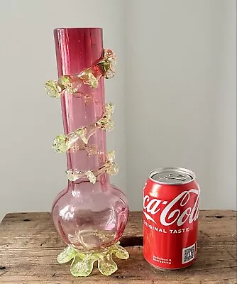 Buy Antique Victorian Ripple Ruffle Cranberry Uranium Ruffle Glass Vase 27cm A/F • 16£