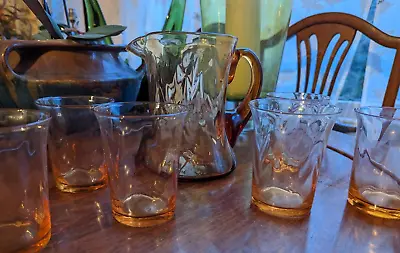 Buy Vintage Whitefriars Wavy Glass Water Set Jug And Glasses Smoky Amber Mid Century • 35£