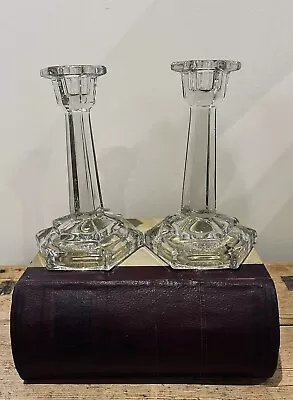 Buy Pair Of Vintage Heavy Mid-Century Glass Candlesticks 18cm Tall X Base Size 9.5cm • 18£