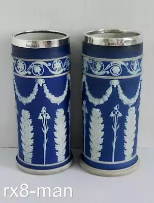 Buy 1924 Wedgwood Cobalt Blue Jasperware Silver Rim Pair Acanthus Leaf Spill Vases • 9.99£