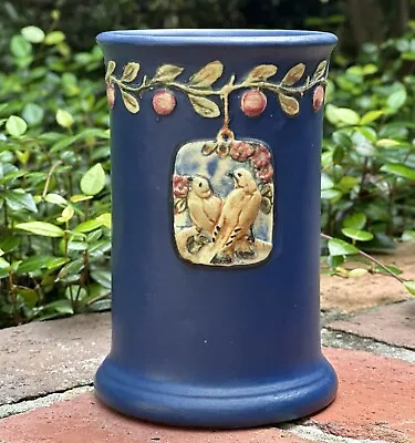 Buy Weller Pottery Blue Ware Vase W/ Cameo Of Yellow Birds....signed & Mint! Rare! • 331.92£
