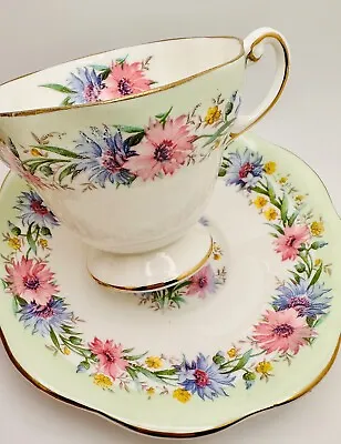 Buy Vintage Eb Foley  Cornflower  Green Border Cup & Saucer Set; Floral Teacup • 18.95£