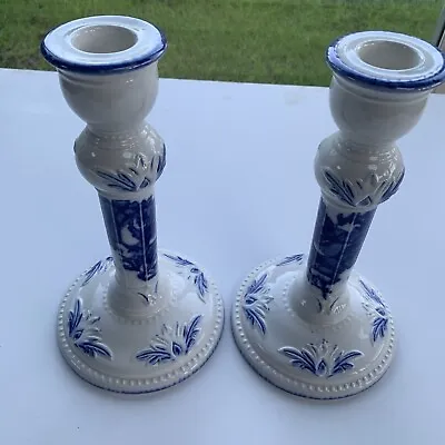 Buy Blakeney Pottery, Pair Candlesticks Blue And White • 14.99£