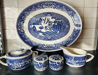 Buy Vintage Blue Willow Ware Royal China Sugar Bowl W/ Lid & Creamer , S&P, Platter • 57.91£