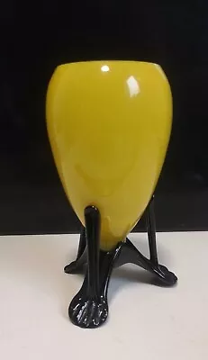 Buy Vintage Czech Bohemian Glass KRALIK Yellow Tango Egg Vase Black Footed Tripod 6  • 45£
