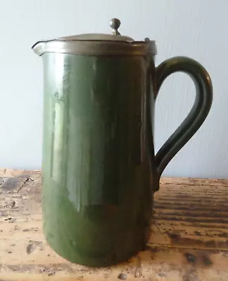 Buy LANGLEY Pottery Stoneware Jug With Pewter Lid In Dark Green- England - 15cm High • 6.95£