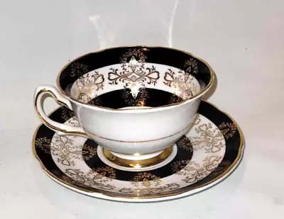 Buy Royal Grafton Cabinet Cup And Saucer Floral Black Gold Filigree Bone China UK • 14.95£