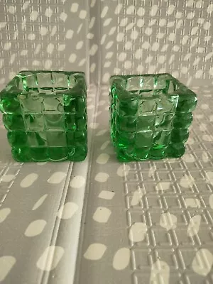 Buy Pair Of Green Glass Candle Tea Light Holders Cube Square Vgc Heavy • 18.99£