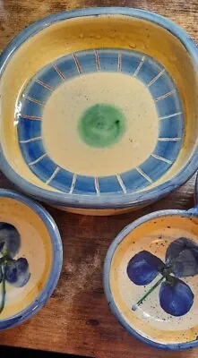 Buy Bd'A French Pottery Set Of 3 Bowls. Olives/ Dips In Blue & Yellow. • 10£