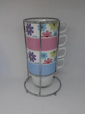 Buy Tesco Porcelain Stacking Mug Set Floral Pink Blue Chrome Holder Mugs Spring Cups • 19.99£