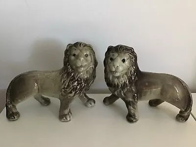 Buy Rare Antique Pair Of Scottish Boness Grey Pottery/Ceramic Lion Ornaments • 45£