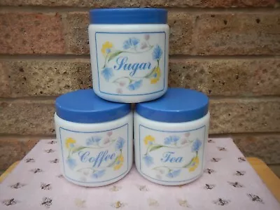 Buy Vintage Set Of Three Milk Glass Tea/coffee/sugar Jars Floral , Blue Made In Ital • 20£