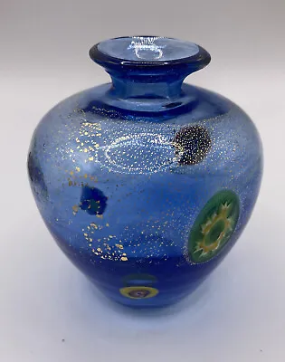 Buy Hand-Blown Studio Art Glass Blue Glass W/Gold Flecks & Millefiori 3” Vase • 23.63£