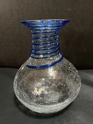 Buy Vintage Blenko #8318 Crystal Crackle Glass Vase With Blue Rings  • 42.25£