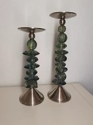 Buy Bradburnhome Pewter Candlesticks Turquoise Green Art Glass Candlestick * • 99.99£