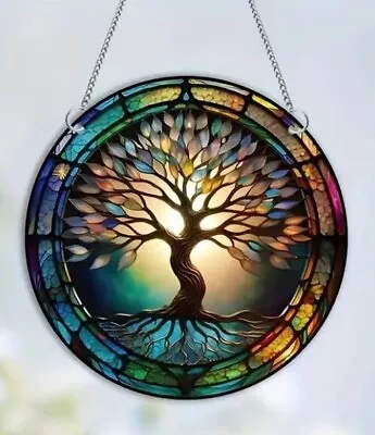 Buy HD Tree Of Life Sun Catcher Multi-Coloured Hanging Decor Stained Glass Effect • 6.49£