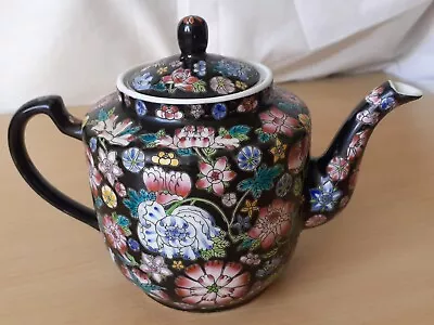 Buy Vintage Chinese Porcelain Black Famille Noire Tea Pot Floral VGC • 24.99£