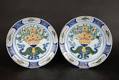 Buy 2 Delft Ware Pancake Plates With Flower Decor, 19th C Polychrome Flower Basket • 689.11£