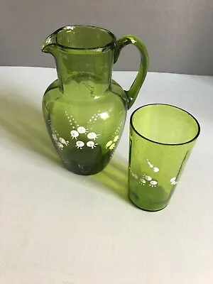 Buy Antique Green Glass Jug & Small Glass With Lily Of The Valley, • 18£