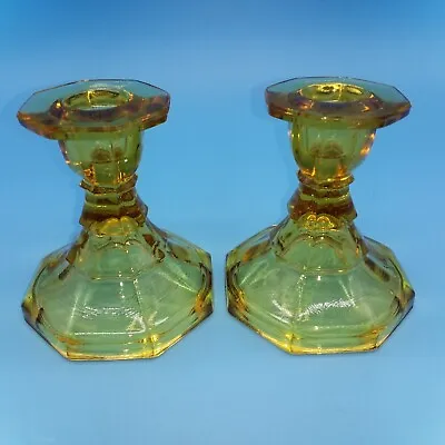 Buy 2 X  Vintage Yellow Orange Hexagonal Base Glass Candlestick Holders 9.5cm Tall • 14£