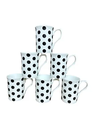 Buy 6 Black Polka Dot Mugs Set White Fine Bone China Tea Mug Coffee Cup Set • 23.99£