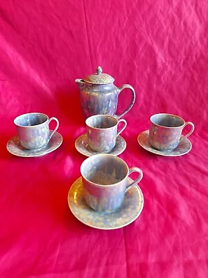 Buy Ruskin Pottery Demitasse Cups Saucers Water Pot Blue Egg Shell Mottled Lustre • 499£