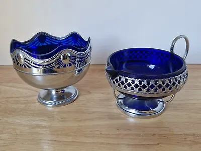 Buy 2 Vintage Cobalt Blue Glass Dish Jug Silver Plate Surrounds Celtic Style • 12.99£