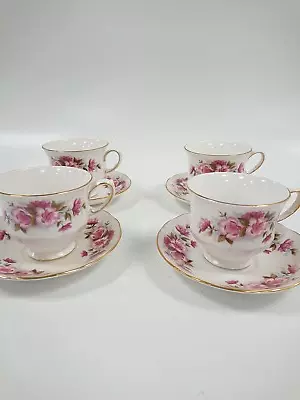 Buy Vintage Queen Anne Bone China Set Of Four Cups & Saucers Pink Floral Design • 6.99£