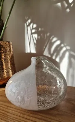 Buy White & Clear Off Centre Tear Drop Crackle Art Glass Vase Home Decor Ornament • 8.70£