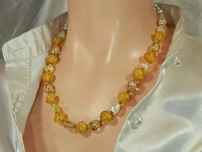 Buy FAB Yellow Crackle Glass & Aurora Crystal Vintage 50s Necklace Very Pretty 961E • 21.93£