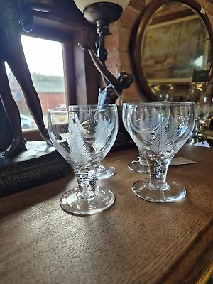 Buy Signed Stuart 'Woodchester' Fern Engraved Crystal Ovoid Bowl Wine Glass Set Of 4 • 40£