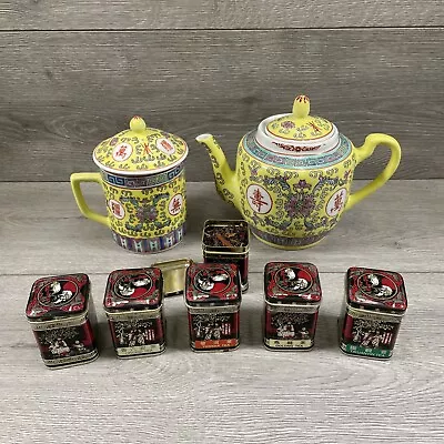 Buy Made In China Pottery Small Teapot Yellow Mun Shou Famille Rose + Tea Selection • 22.99£