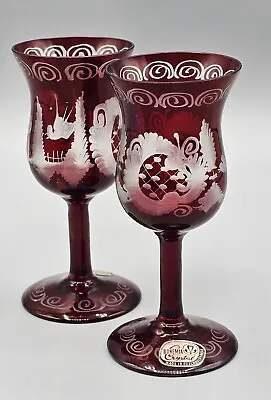 Buy (2) VINTAGE Bohemian Crystal Red Etched 4  Glasses, Made In Czechoslovakia • 47.49£
