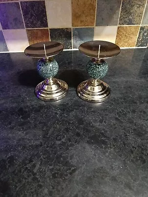 Buy Two Wilko Teal Crackle Glass Stainless Steel Candle Holders • 2.99£