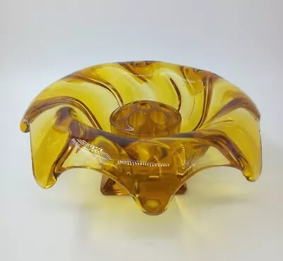 Buy Vintage Bagley 'Equinox' #3061 Amber Glass Posy Bowl/Vase With Flower Frog • 17.95£