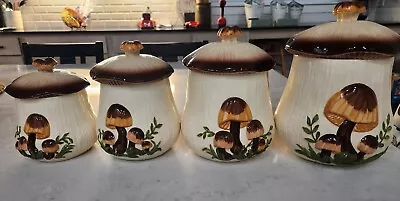 Buy Vintage Arnel's Handmade Hand Painted Ceramic 🍄‍🟫 Mushroom Jar Canister Set 4 • 132.81£