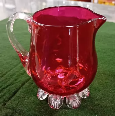 Buy Small  Victorian Cranberry Glass Clear Footed Jug • 15£