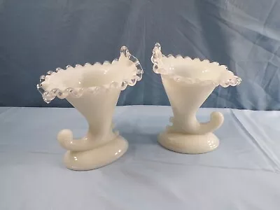 Buy Pair Set Of 2 Large Fenton Milk Glass Silver Crest Cornucopia Candle Holders • 14.22£