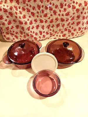Buy Vintage Pyrex Vision Ware Cranberry Cookware 6 Pc Set Snack Small Lid Casserole • 44.27£