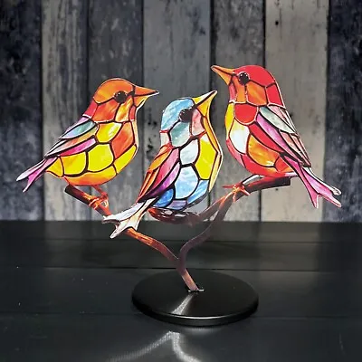 Buy 3 Birds On A Branch Ornaments - 'Stained Glass Effect' Metal Decoration • 9£