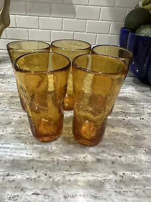 Buy Vintage BLENCO  Amber Crackled Pinched Glass Drinking Glasses , Set Of 5 • 94.49£
