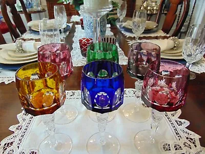 Buy SET 6 BOHEMIAN CZECH CUT TO CLEAR CRYSTAL Wine Glasses GOBLETS Multi Colored 8  • 237.09£