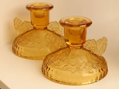 Buy Art Deco Candlesticks Butterfly Floral Design Amber Pressed Glass Candle Holders • 14.99£